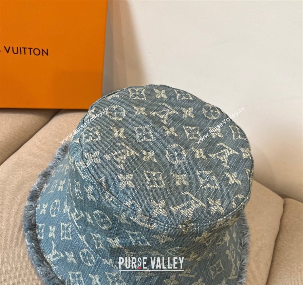 Louis Vuitton Monogram Denim Bucket Hat with Fringe Trim Light Blue 2025 (XMN-250318037)