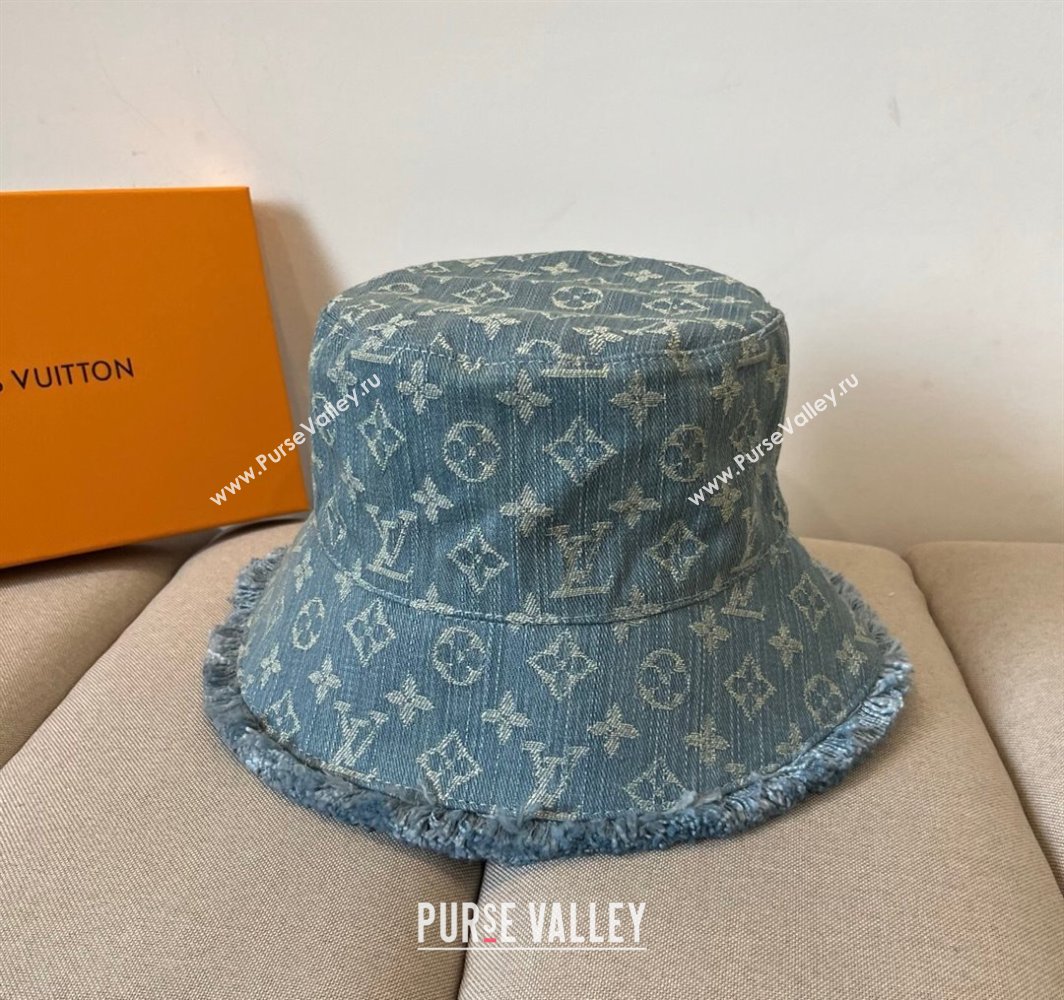 Louis Vuitton Monogram Denim Bucket Hat with Fringe Trim Light Blue 2025 (XMN-250318037)