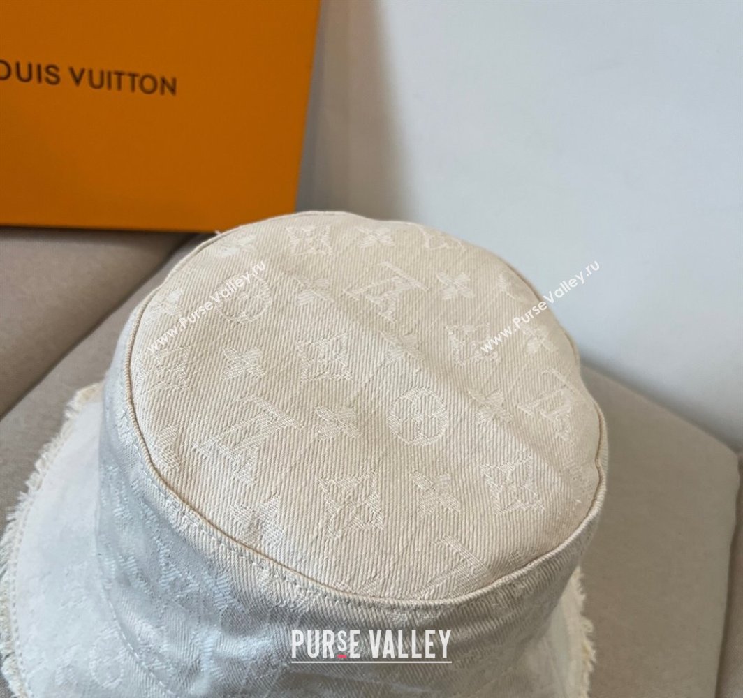 Louis Vuitton Monogram Denim Bucket Hat with Fringe Trim White 2025 (XMN-250318038)