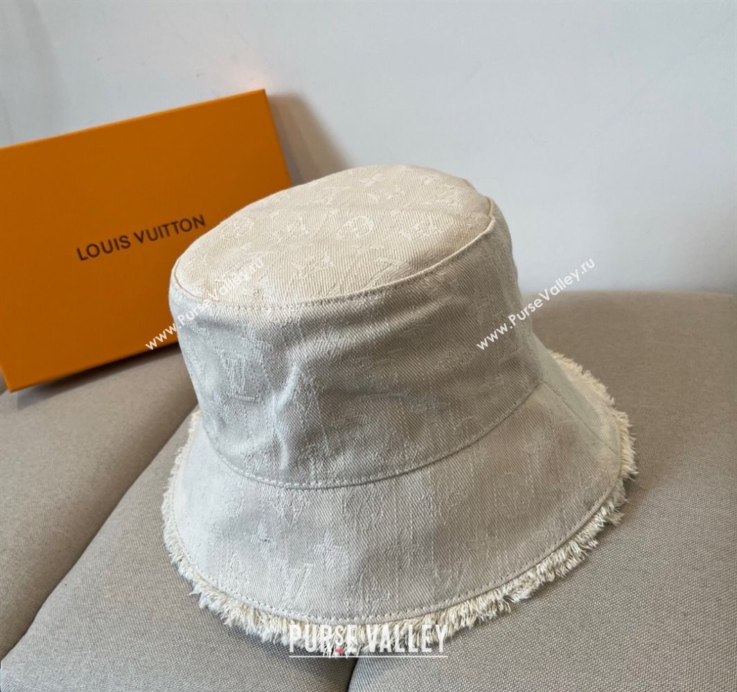 Louis Vuitton Monogram Denim Bucket Hat with Fringe Trim White 2025 (XMN-250318038)
