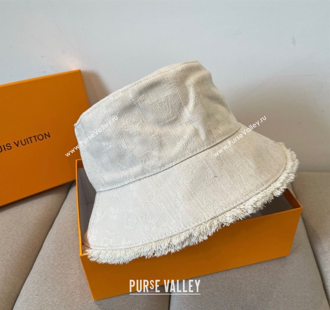 Louis Vuitton Monogram Denim Bucket Hat with Fringe Trim White 2025 (XMN-250318038)