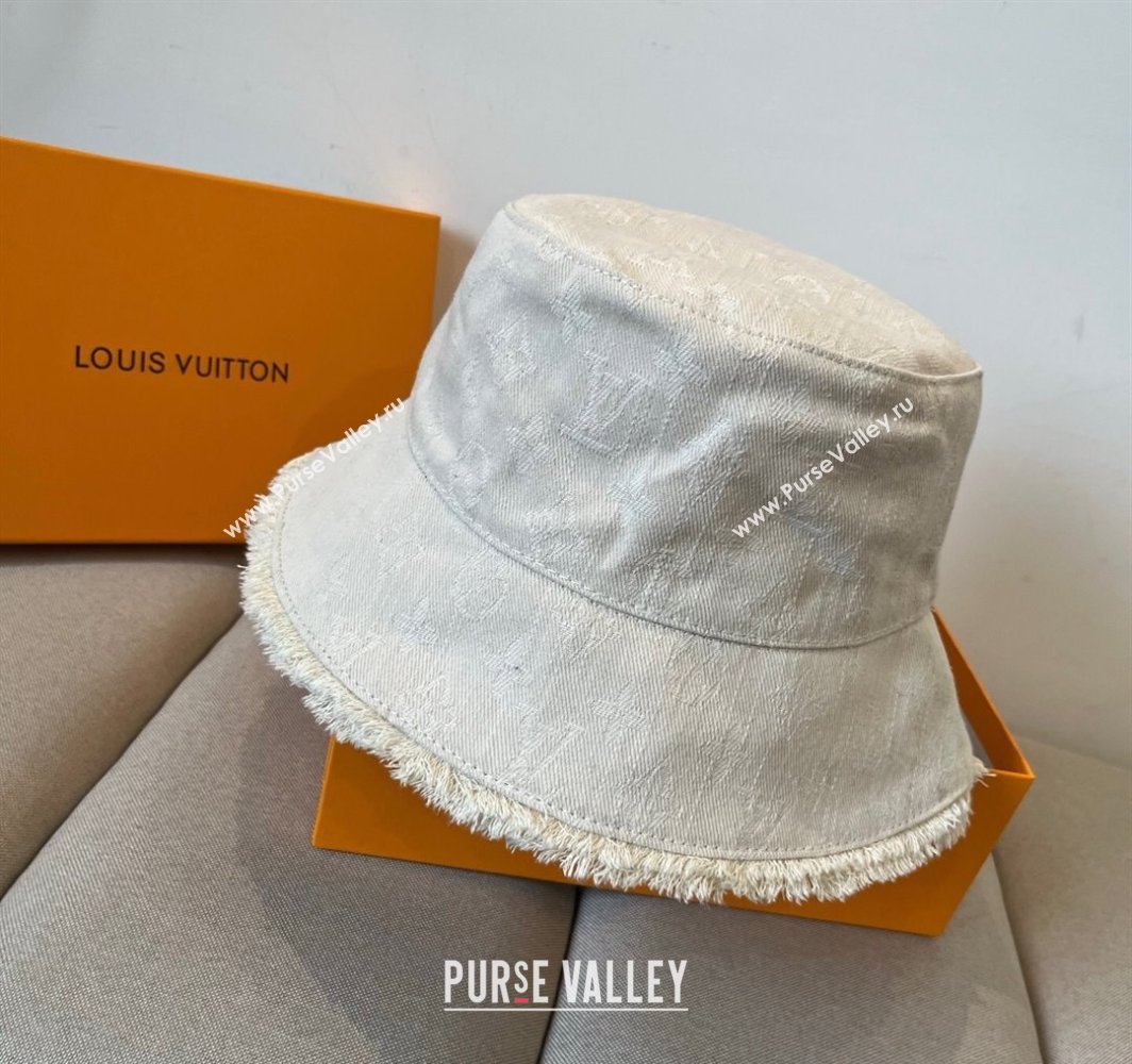 Louis Vuitton Monogram Denim Bucket Hat with Fringe Trim White 2025 (XMN-250318038)