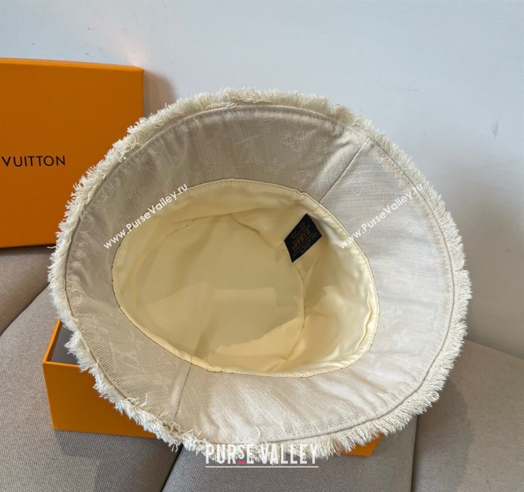 Louis Vuitton Monogram Denim Bucket Hat with Fringe Trim White 2025 (XMN-250318038)