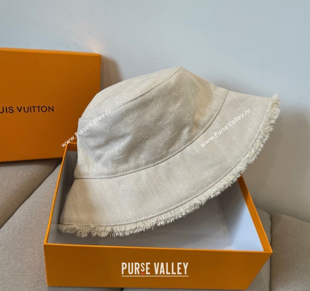 Louis Vuitton Monogram Denim Bucket Hat with Fringe Trim White 2025 (XMN-250318038)