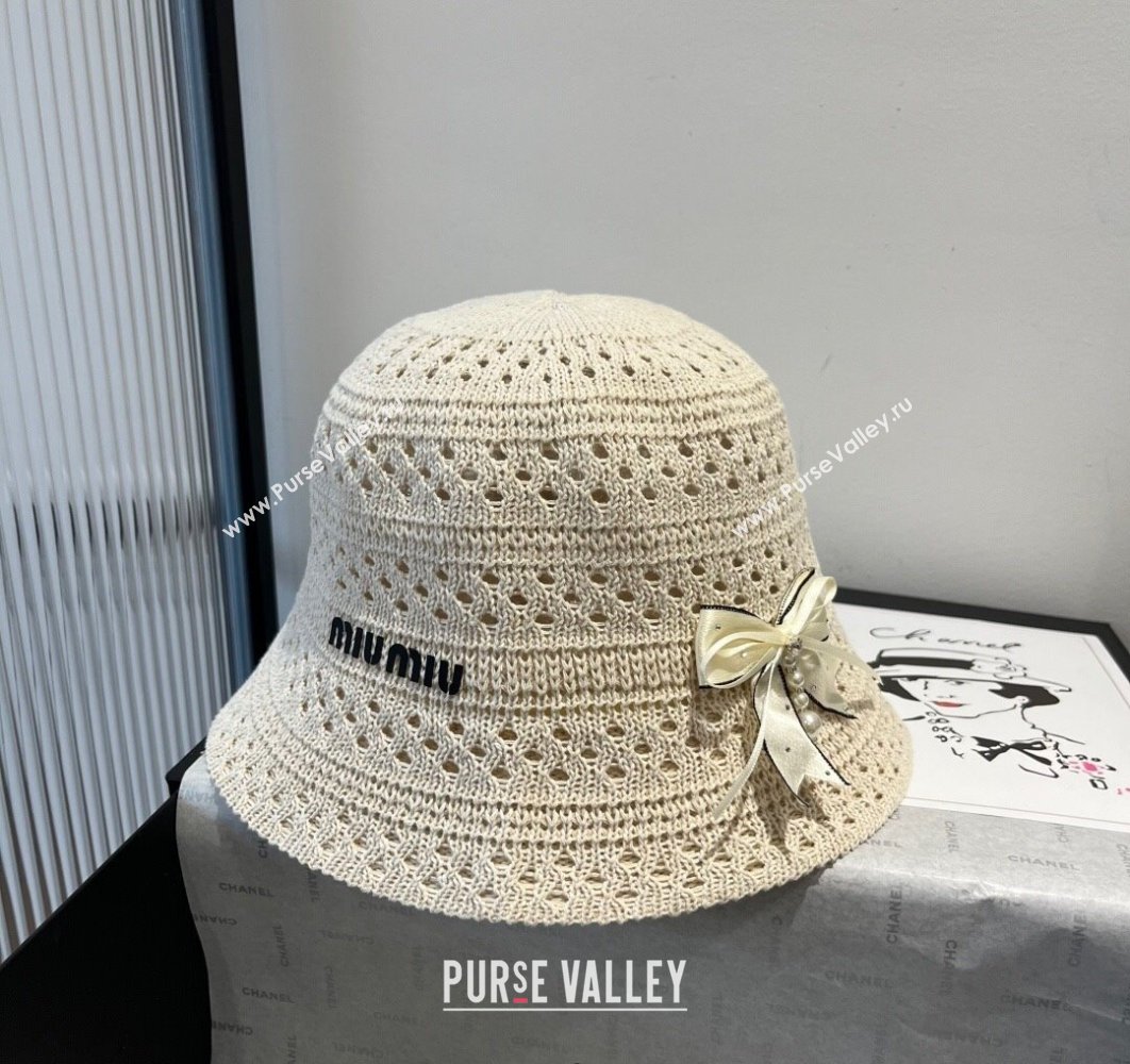 Miu Miu Knit Bucket Hat with Bow White 2025 MIU051402 (XMN-250514062)