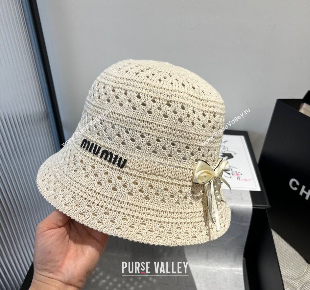 Miu Miu Knit Bucket Hat with Bow White 2025 MIU051402 (XMN-250514062)
