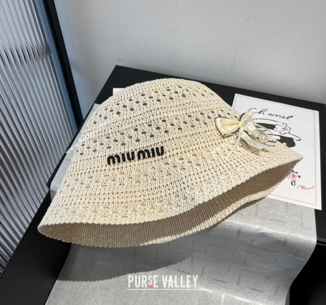 Miu Miu Knit Bucket Hat with Bow White 2025 MIU051402 (XMN-250514062)