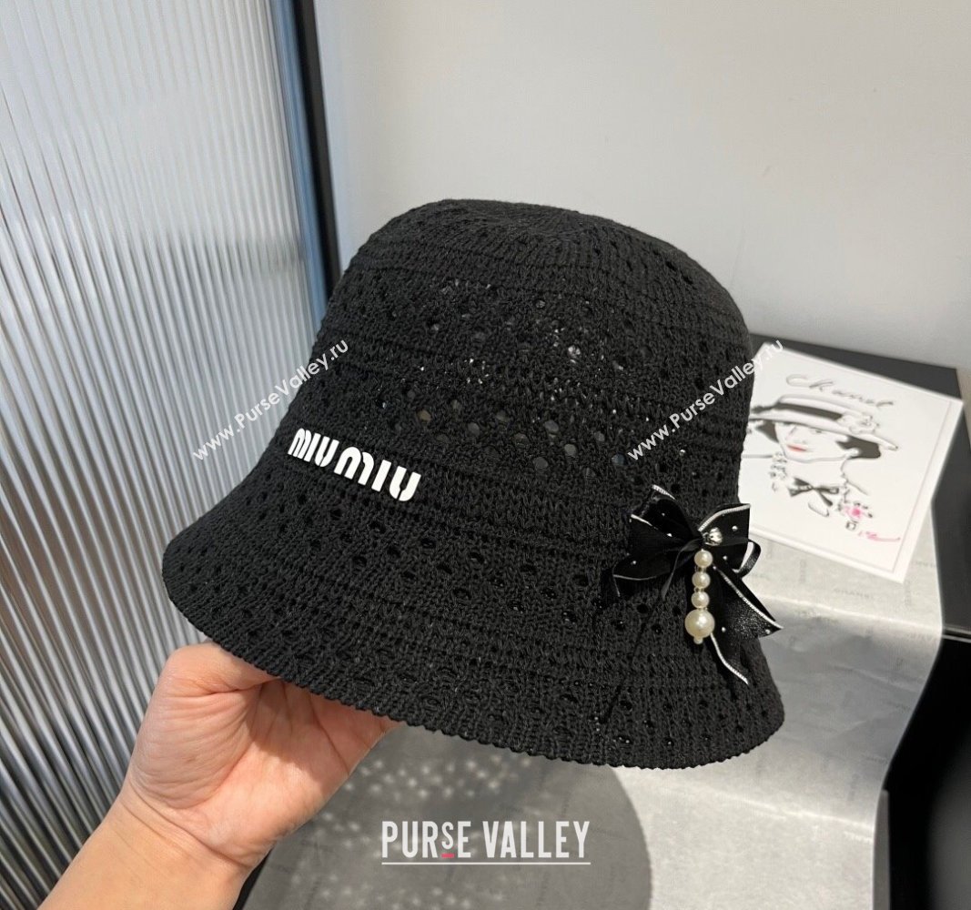 Miu Miu Knit Bucket Hat with Bow Black 2025 MIU051402 (XMN-250514063)