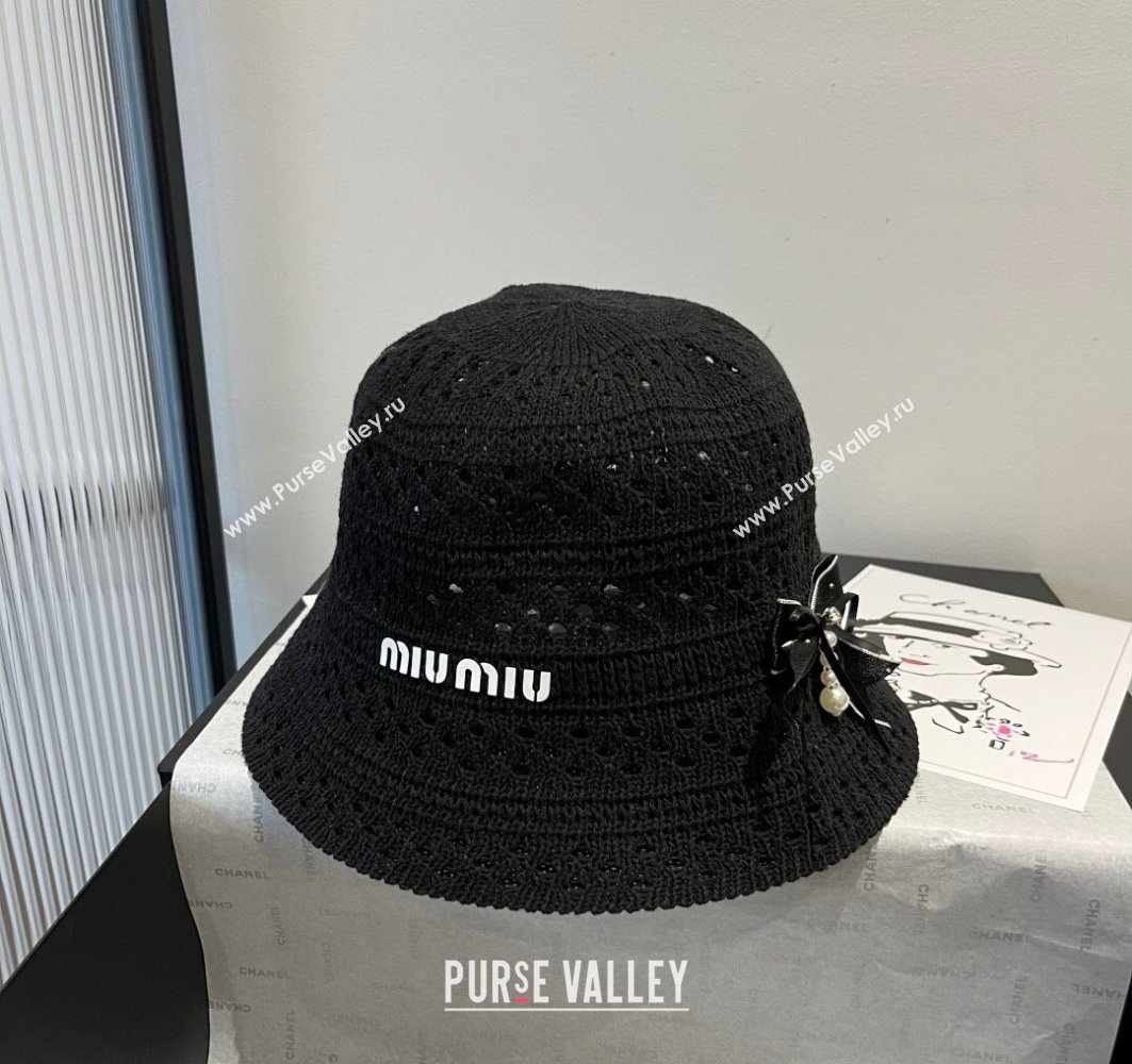 Miu Miu Knit Bucket Hat with Bow Black 2025 MIU051402 (XMN-250514063)