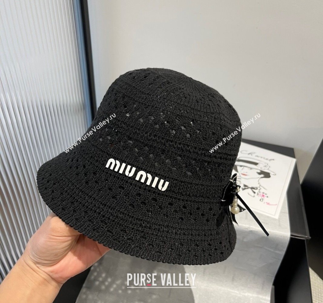 Miu Miu Knit Bucket Hat with Bow Black 2025 MIU051402 (XMN-250514063)