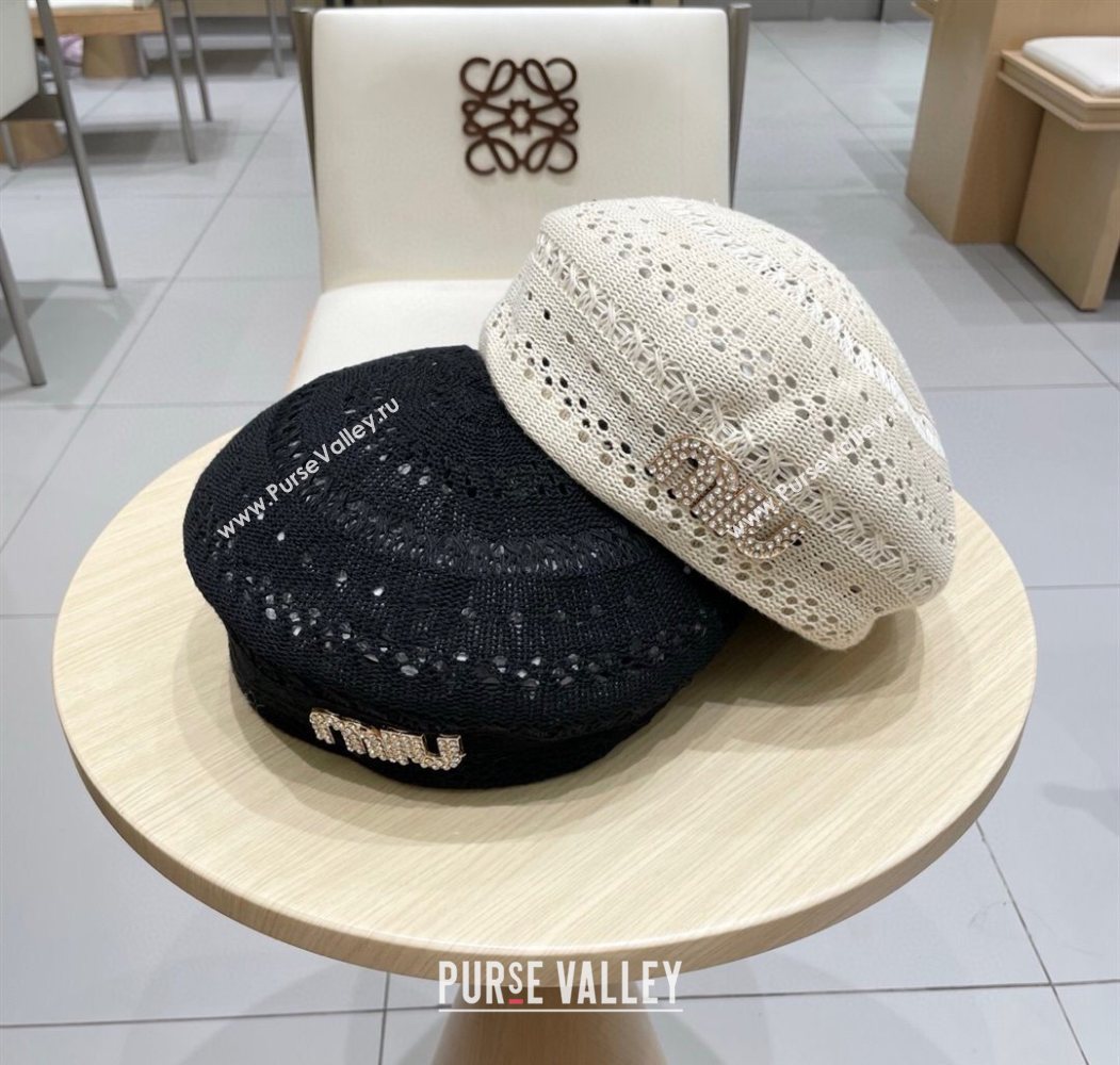 Miu Miu Strass Logo Knit Beret Hat Black 2025 0724 (SHI-250724052)