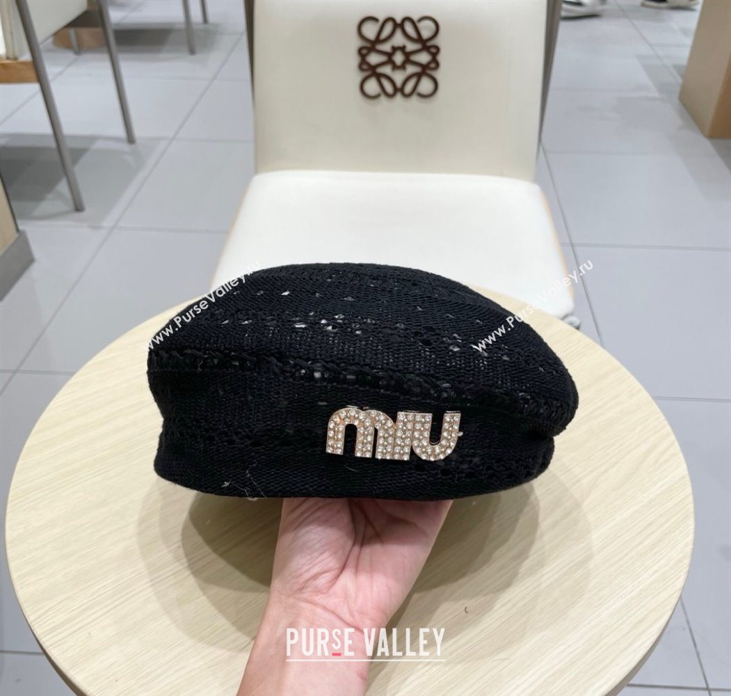Miu Miu Strass Logo Knit Beret Hat Black 2025 0724 (SHI-250724052)