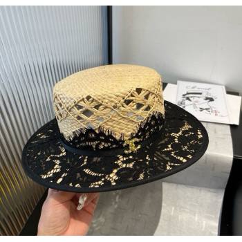 Chanel Straw Wide Brim Hat with Black Lace 2025 0724 (SHI-250724063)