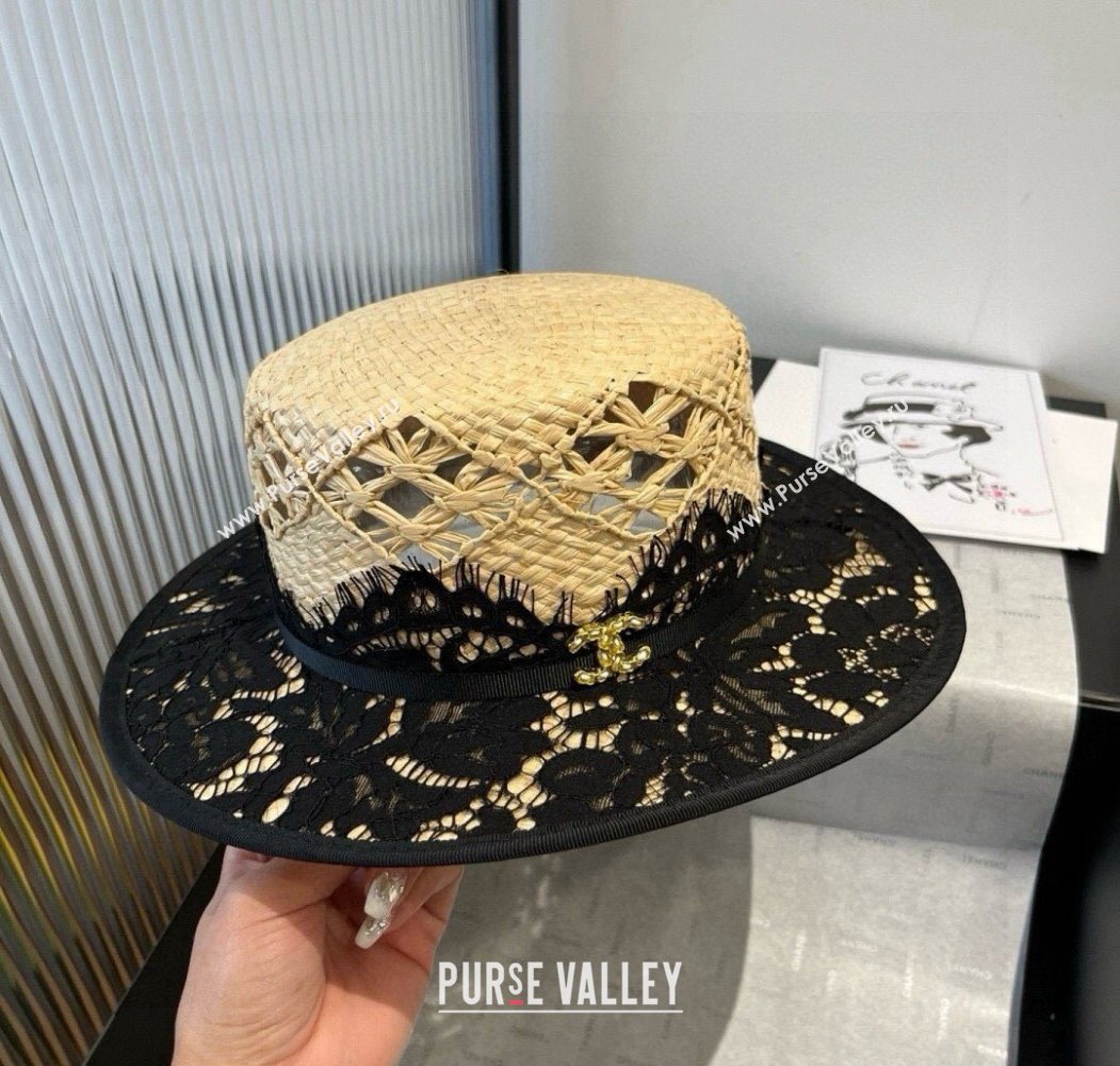 Chanel Straw Wide Brim Hat with Black Lace 2025 0724 (SHI-250724063)