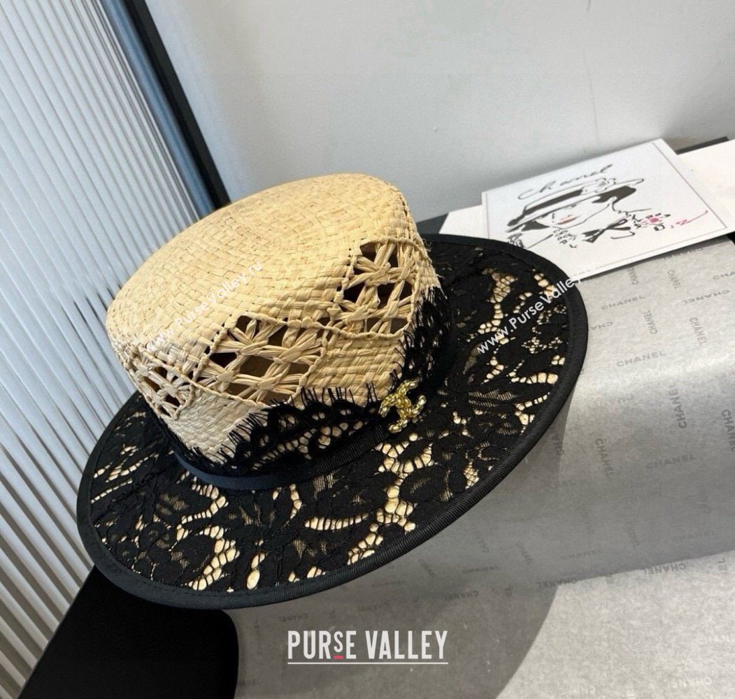 Chanel Straw Wide Brim Hat with Black Lace 2025 0724 (SHI-250724063)