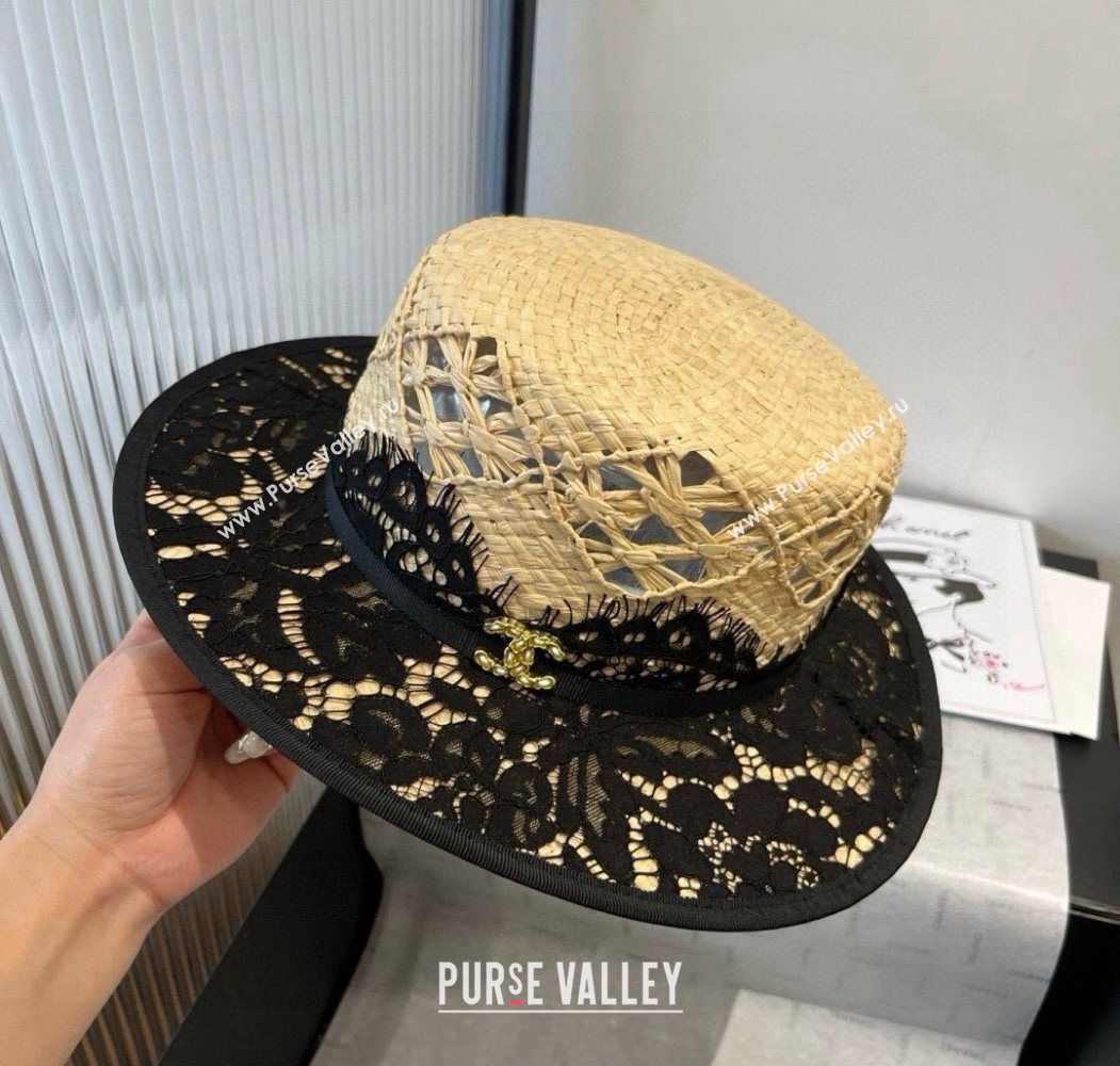 Chanel Straw Wide Brim Hat with Black Lace 2025 0724 (SHI-250724063)