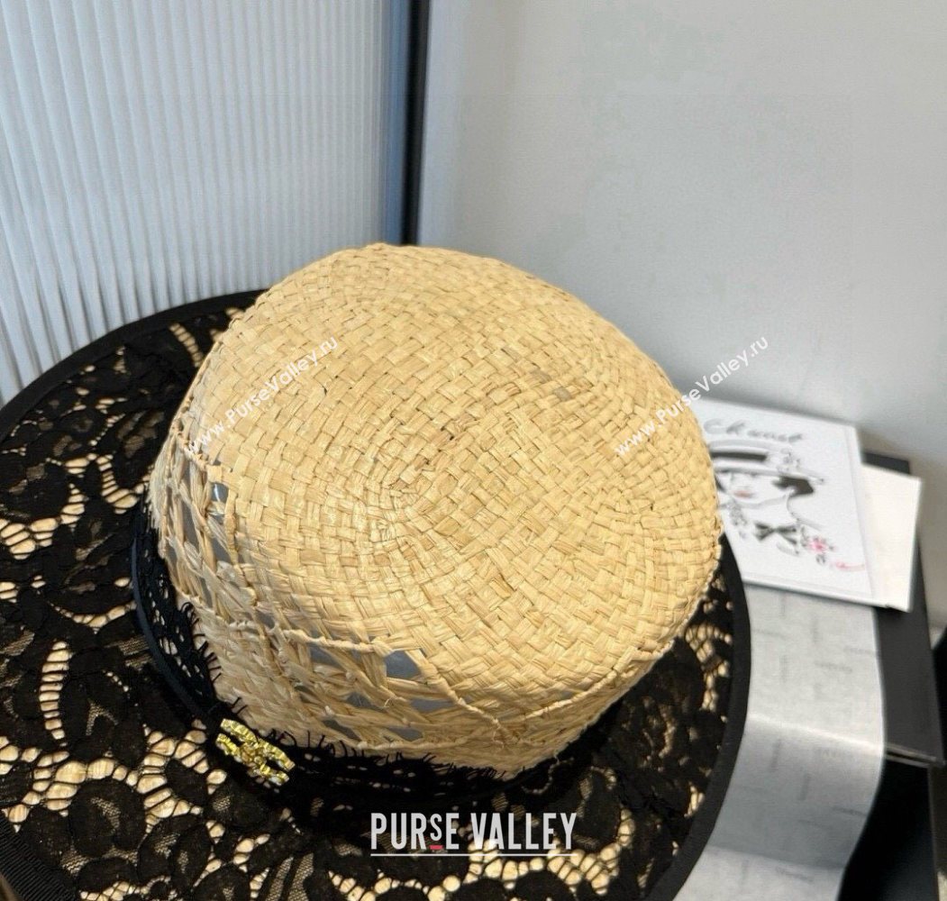 Chanel Straw Wide Brim Hat with Black Lace 2025 0724 (SHI-250724063)