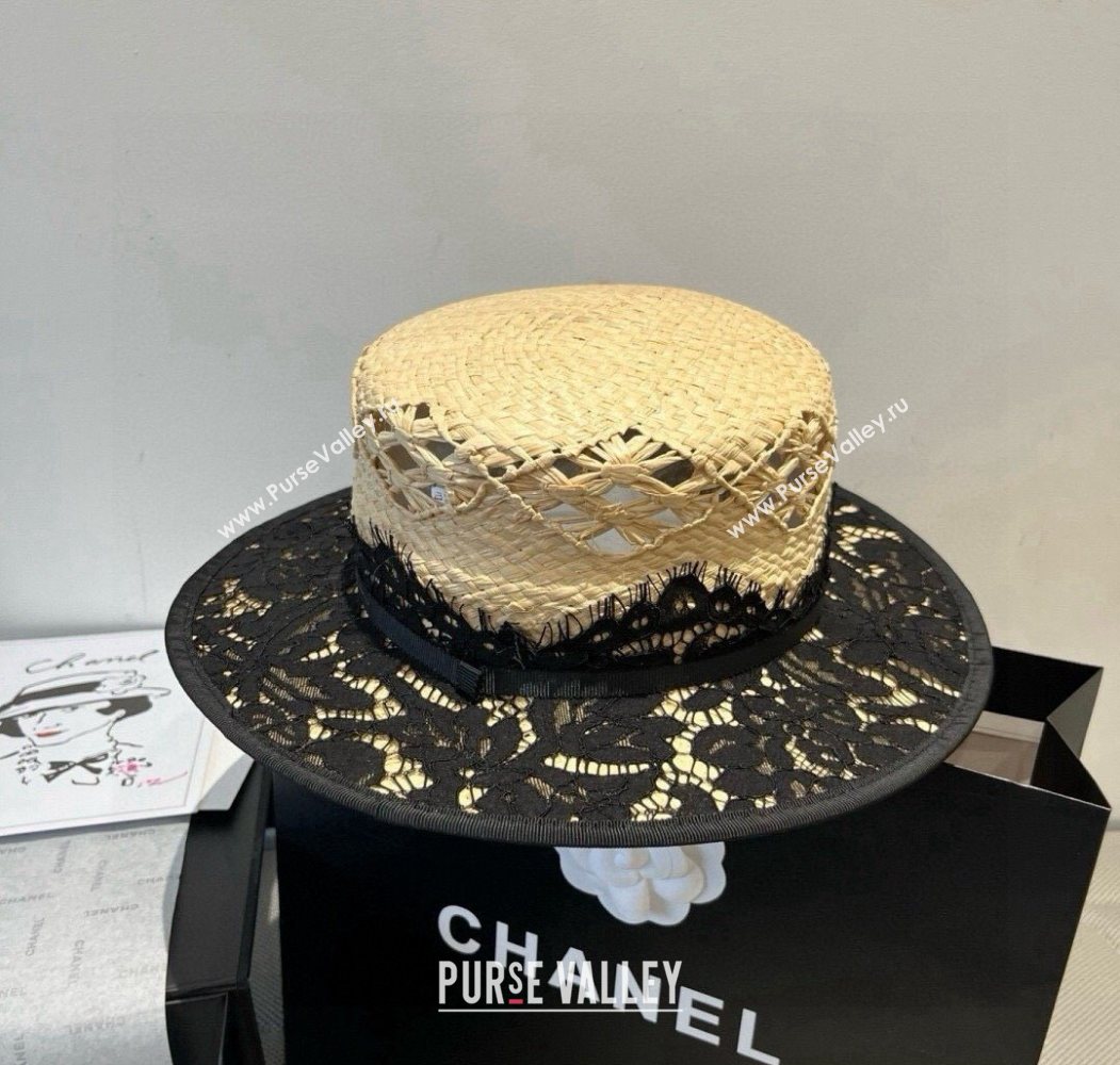 Chanel Straw Wide Brim Hat with Black Lace 2025 0724 (SHI-250724063)