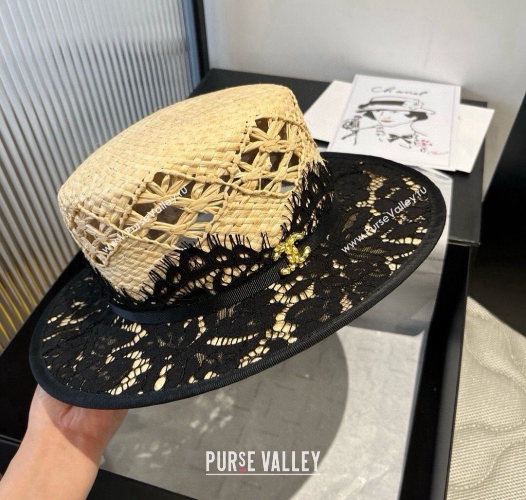 Chanel Straw Wide Brim Hat with Black Lace 2025 0724 (SHI-250724063)