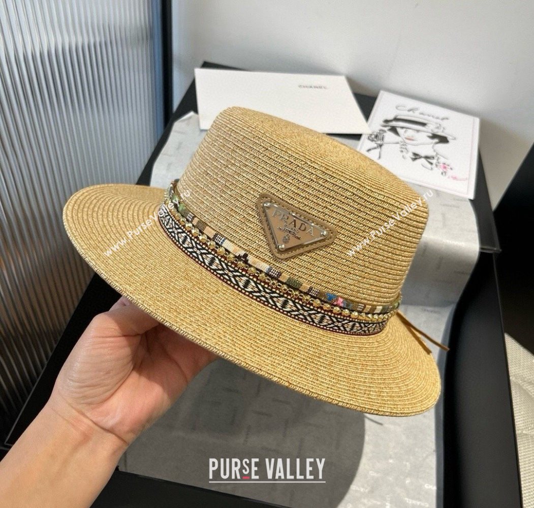 Prada Straw Wide Brim Hat with Embroidered Band 2025 0724 (SHI-250724065)