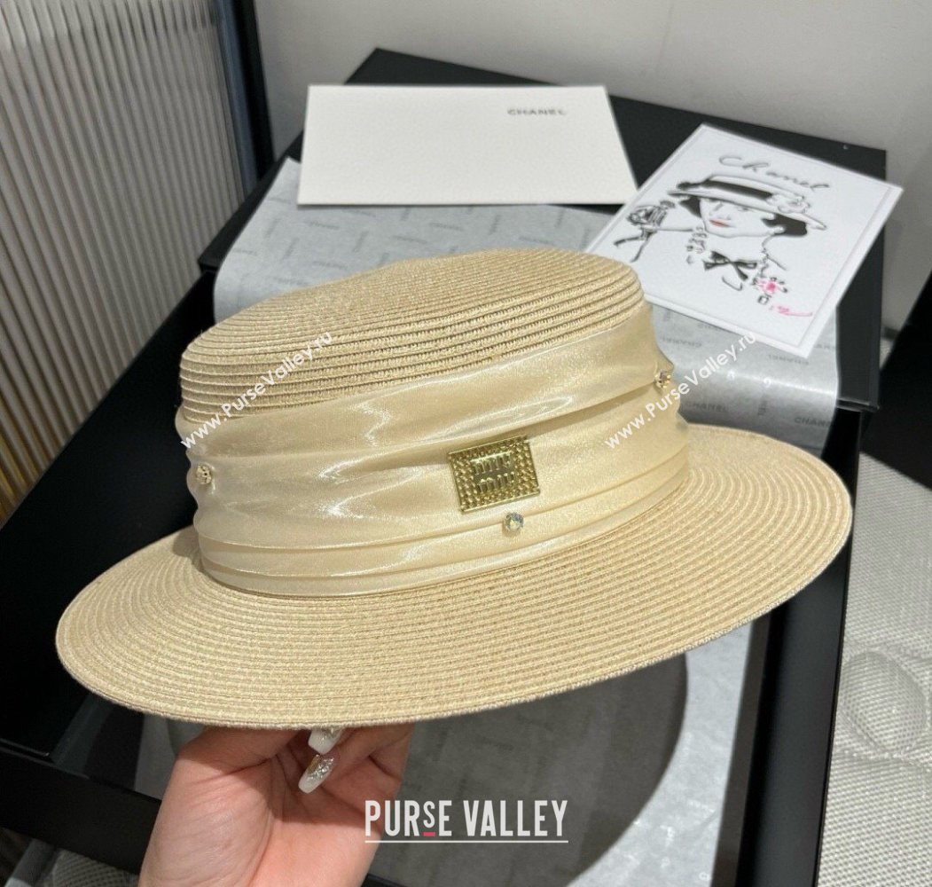 Miu Miu Straw Wide Brim Hat with Shiny Band Beige 2025 0724 (SHI-250724067)