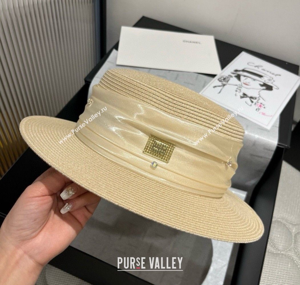 Miu Miu Straw Wide Brim Hat with Shiny Band Beige 2025 0724 (SHI-250724067)