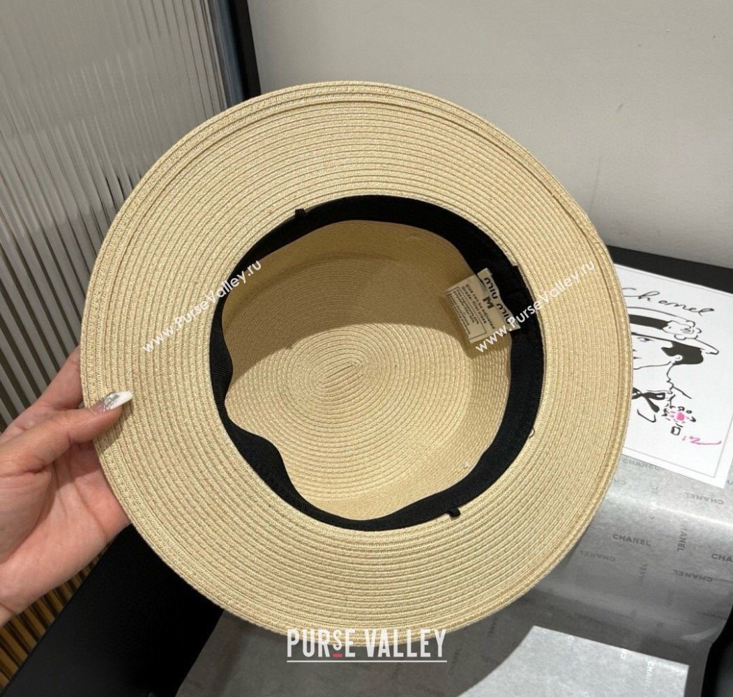 Miu Miu Straw Wide Brim Hat with Shiny Band Beige 2025 0724 (SHI-250724067)