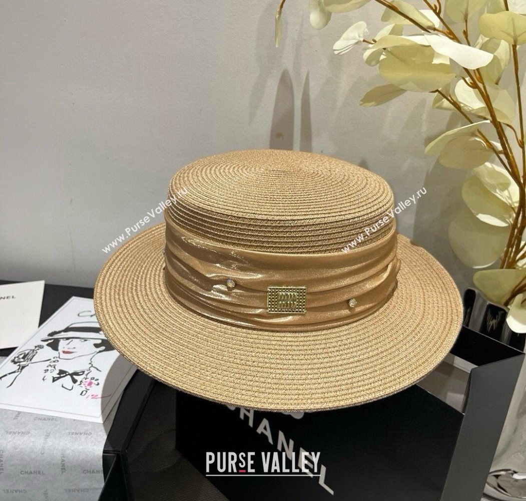 Miu Miu Straw Wide Brim Hat with Shiny Band Khaki 2025 0724 (SHI-250724068)