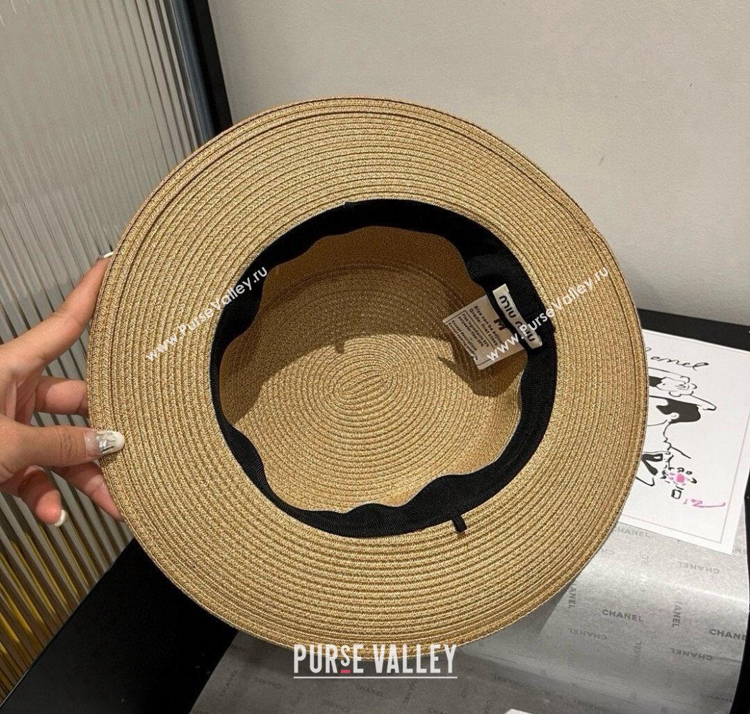 Miu Miu Straw Wide Brim Hat with Shiny Band Khaki 2025 0724 (SHI-250724068)