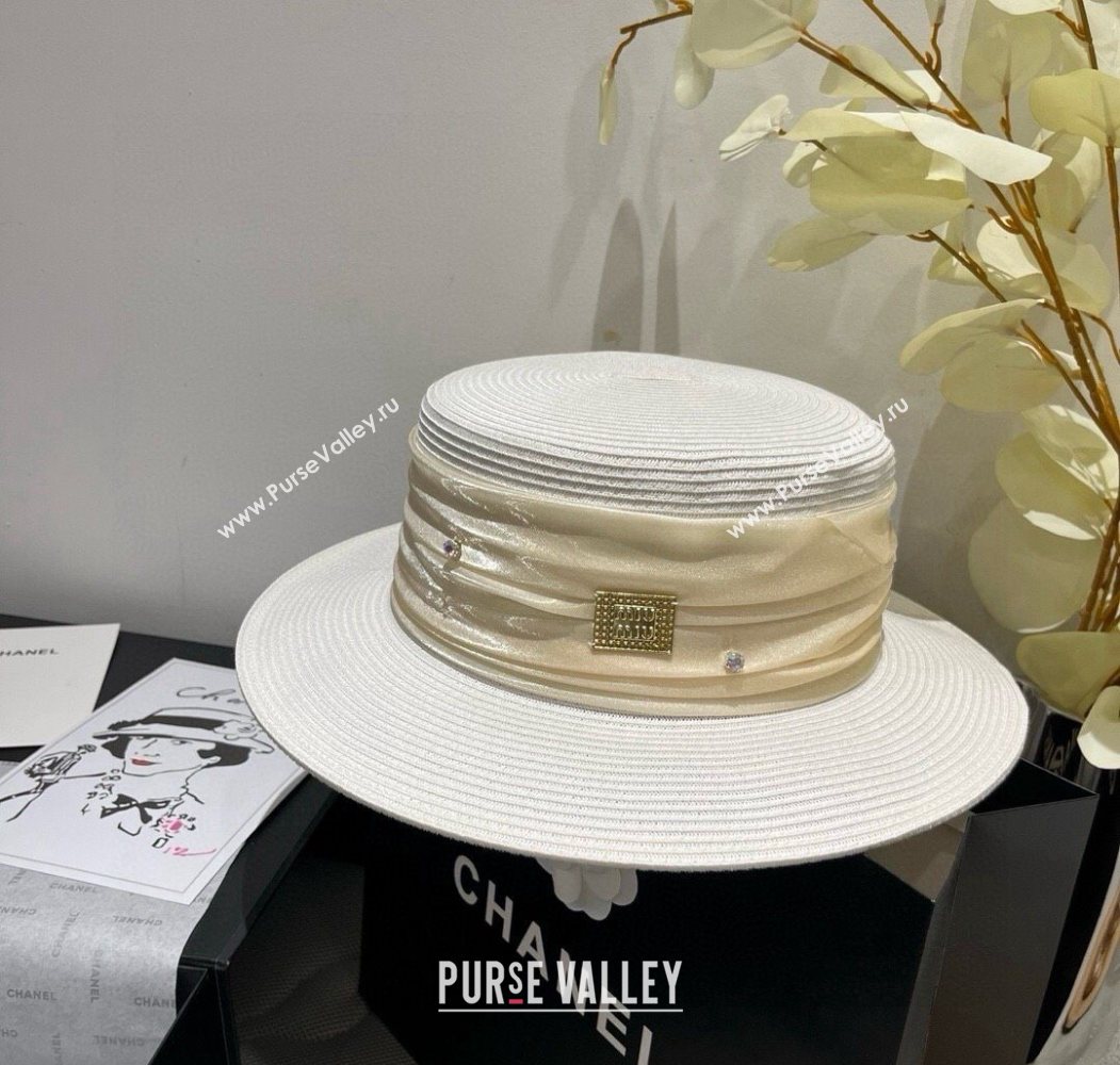 Miu Miu Straw Wide Brim Hat with Shiny Band White 2025 0724 (SHI-250724069)