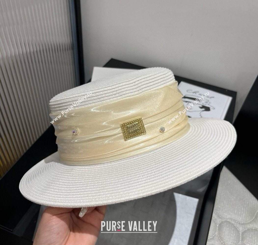 Miu Miu Straw Wide Brim Hat with Shiny Band White 2025 0724 (SHI-250724069)