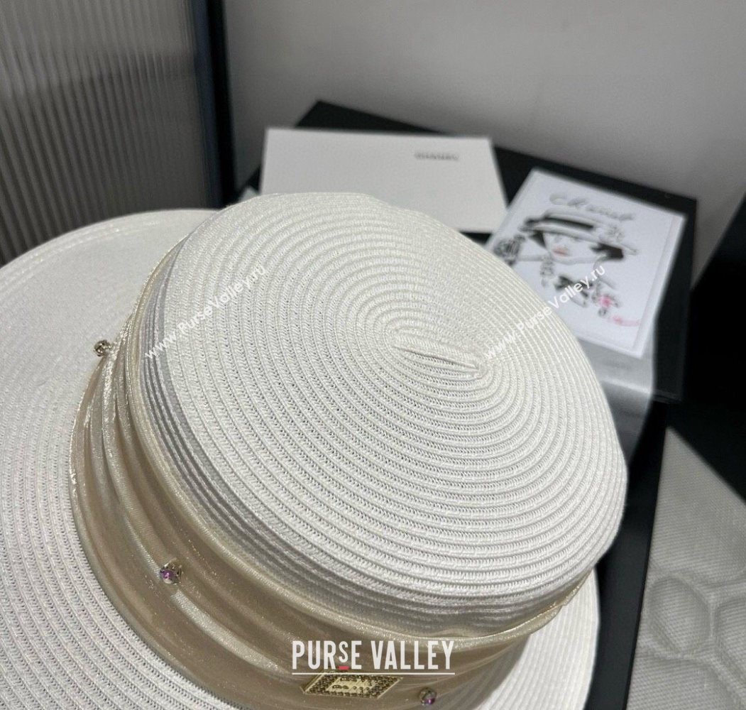 Miu Miu Straw Wide Brim Hat with Shiny Band White 2025 0724 (SHI-250724069)