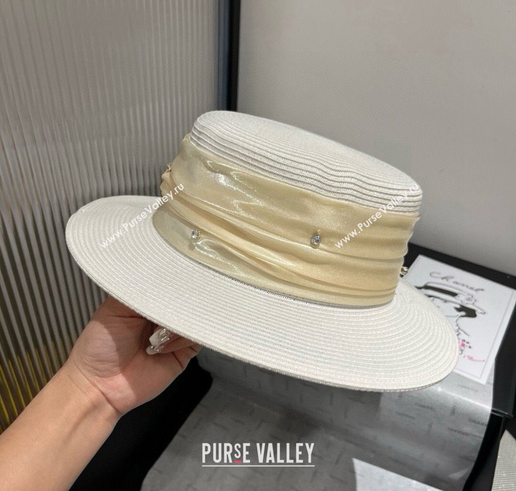 Miu Miu Straw Wide Brim Hat with Shiny Band White 2025 0724 (SHI-250724069)