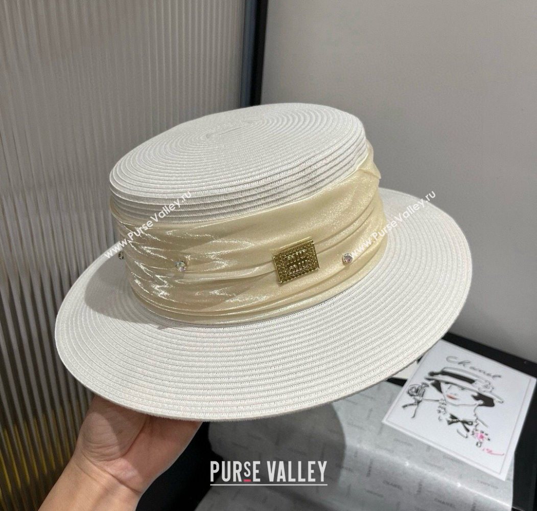 Miu Miu Straw Wide Brim Hat with Shiny Band White 2025 0724 (SHI-250724069)