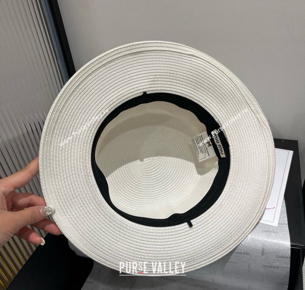 Miu Miu Straw Wide Brim Hat with Shiny Band White 2025 0724 (SHI-250724069)