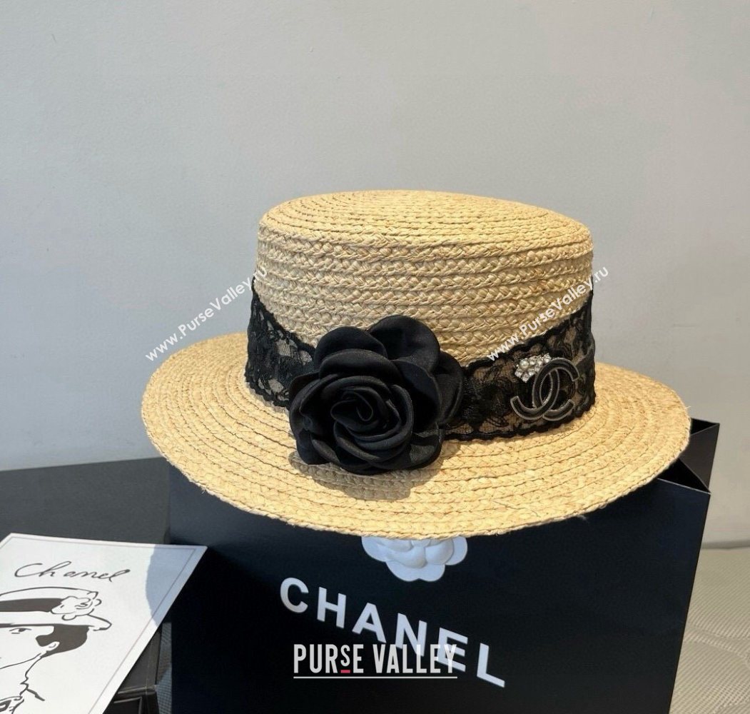 Chanel Straw Wide Brim Hat with Black Flower 2025 0724 (SHI-250724073)