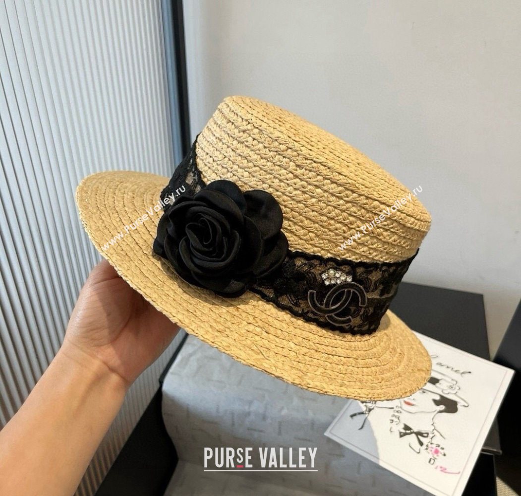 Chanel Straw Wide Brim Hat with Black Flower 2025 0724 (SHI-250724073)