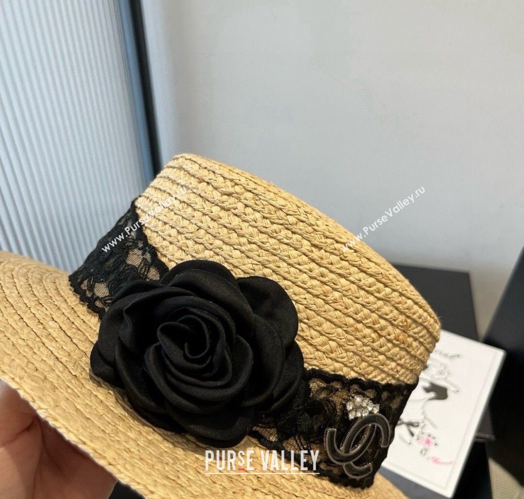 Chanel Straw Wide Brim Hat with Black Flower 2025 0724 (SHI-250724073)