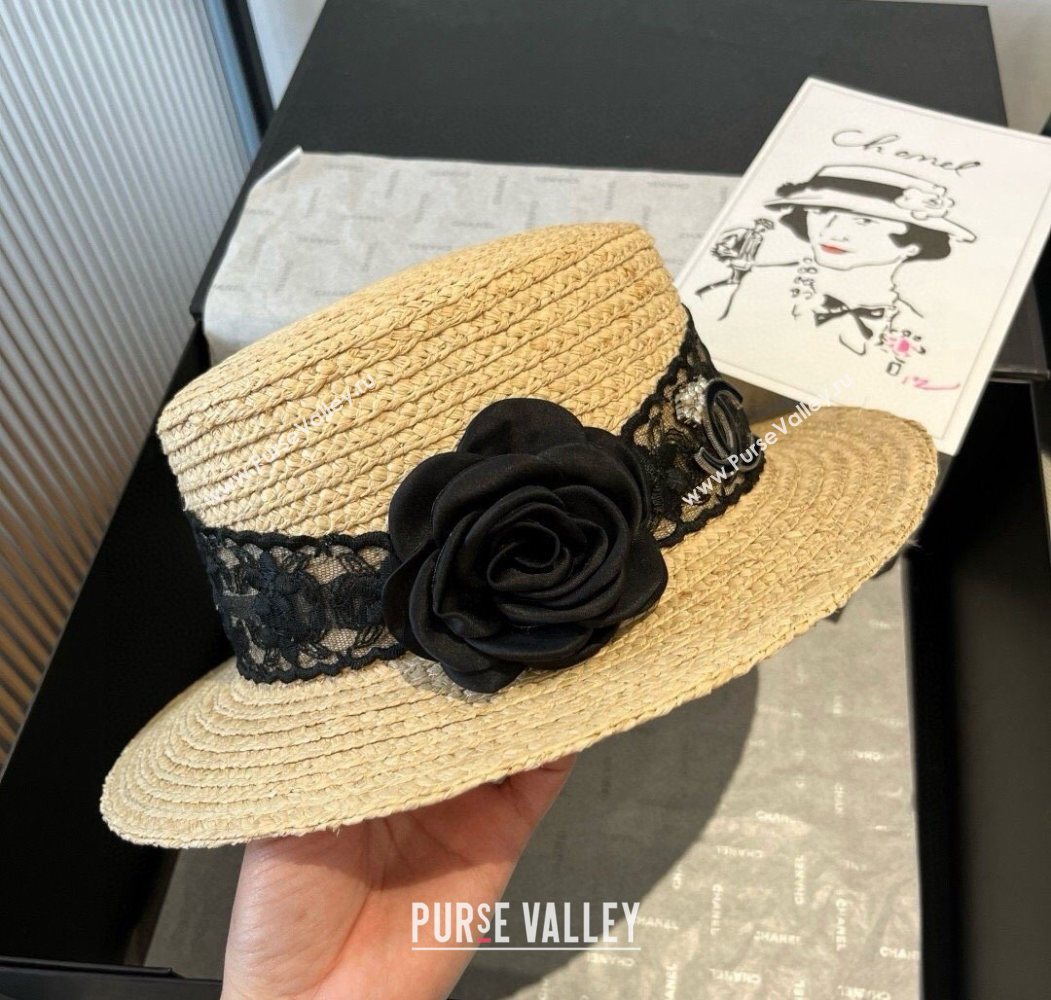 Chanel Straw Wide Brim Hat with Black Flower 2025 0724 (SHI-250724073)