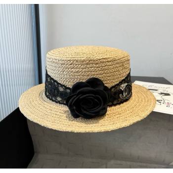 Chanel Straw Wide Brim Hat with Black Flower 2025 0724 (SHI-250724073)