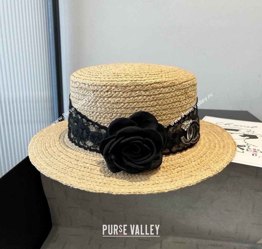 Chanel Straw Wide Brim Hat with Black Flower 2025 0724 (SHI-250724073)