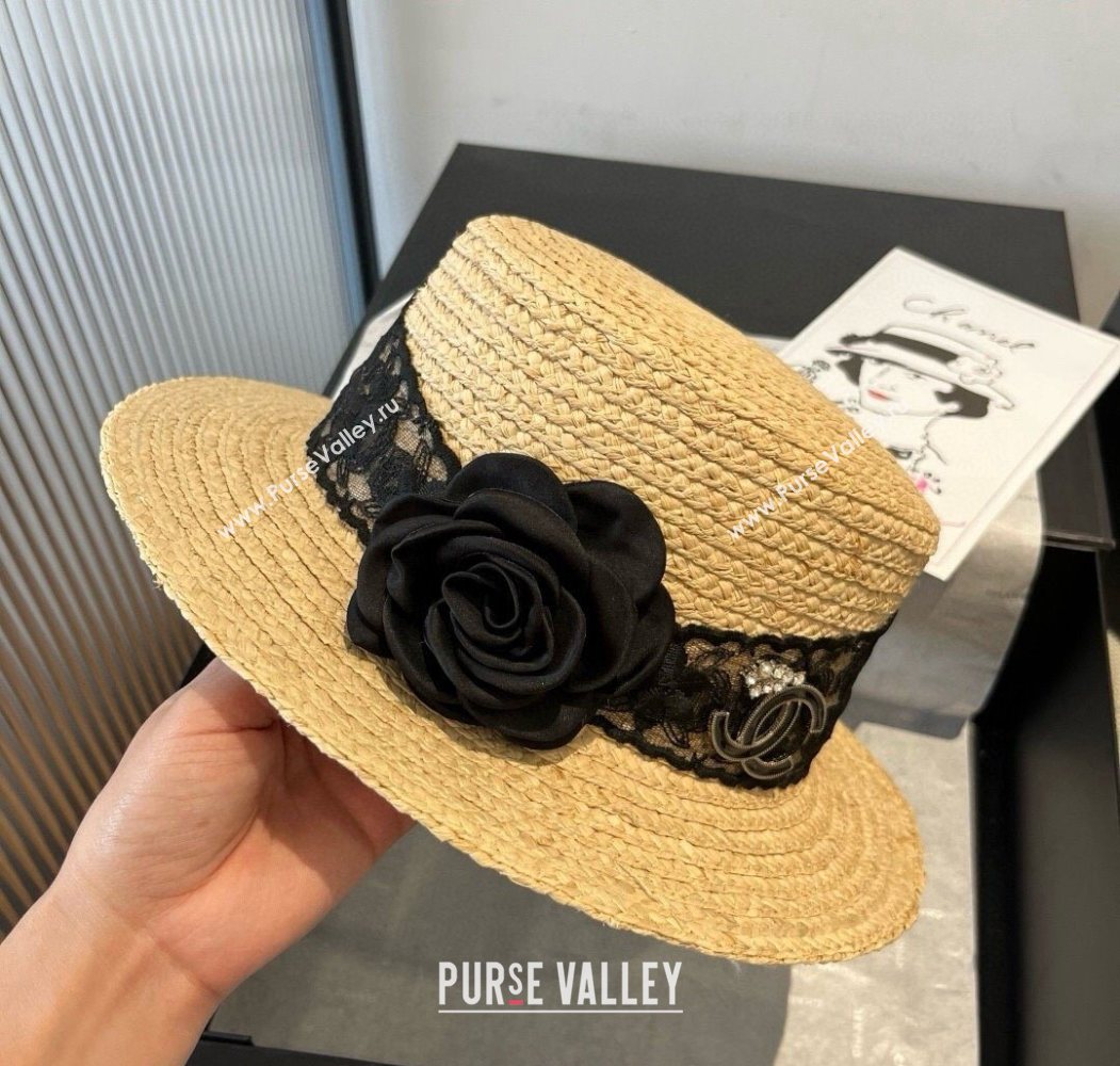 Chanel Straw Wide Brim Hat with Black Flower 2025 0724 (SHI-250724073)