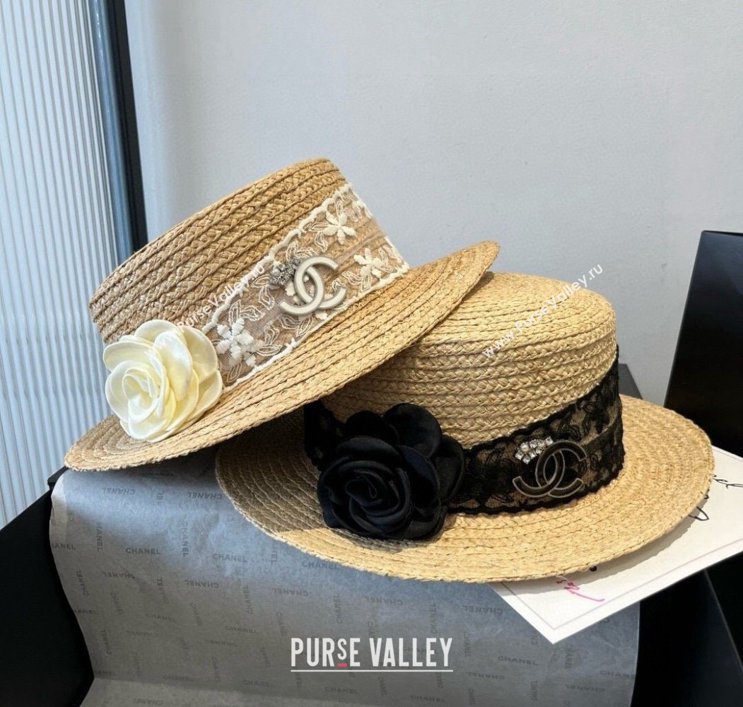Chanel Straw Wide Brim Hat with Black Flower 2025 0724 (SHI-250724073)