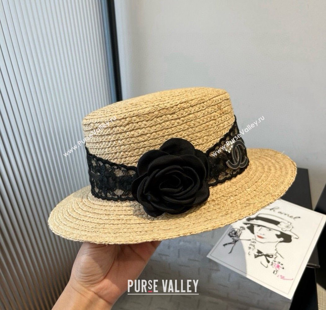 Chanel Straw Wide Brim Hat with Black Flower 2025 0724 (SHI-250724073)