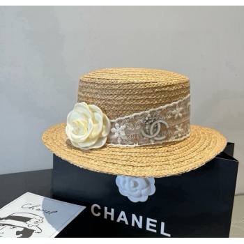 Chanel Straw Wide Brim Hat with White Flower 2025 0724 (SHI-250724074)