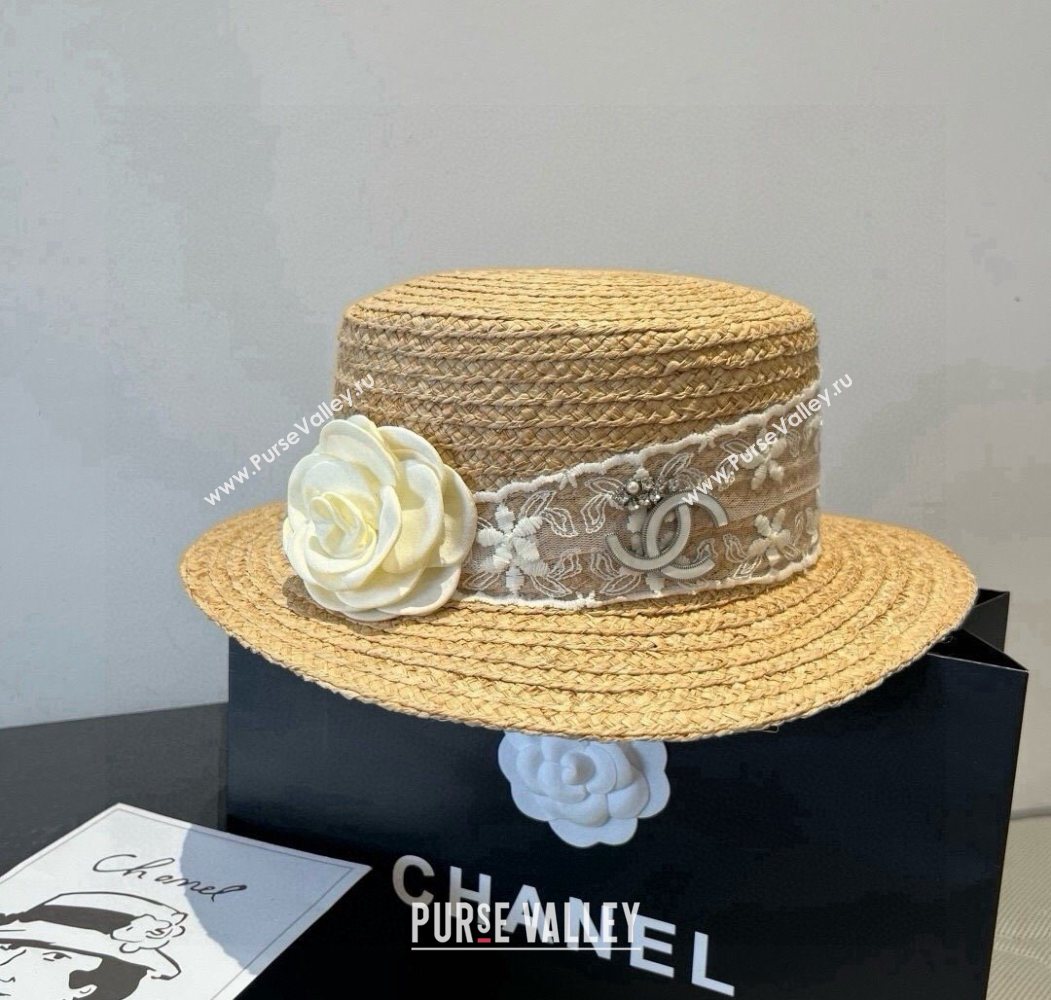 Chanel Straw Wide Brim Hat with White Flower 2025 0724 (SHI-250724074)