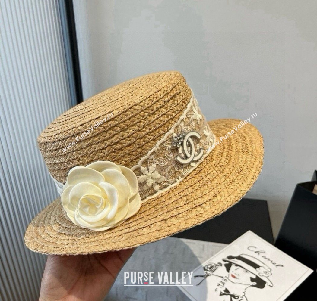 Chanel Straw Wide Brim Hat with White Flower 2025 0724 (SHI-250724074)