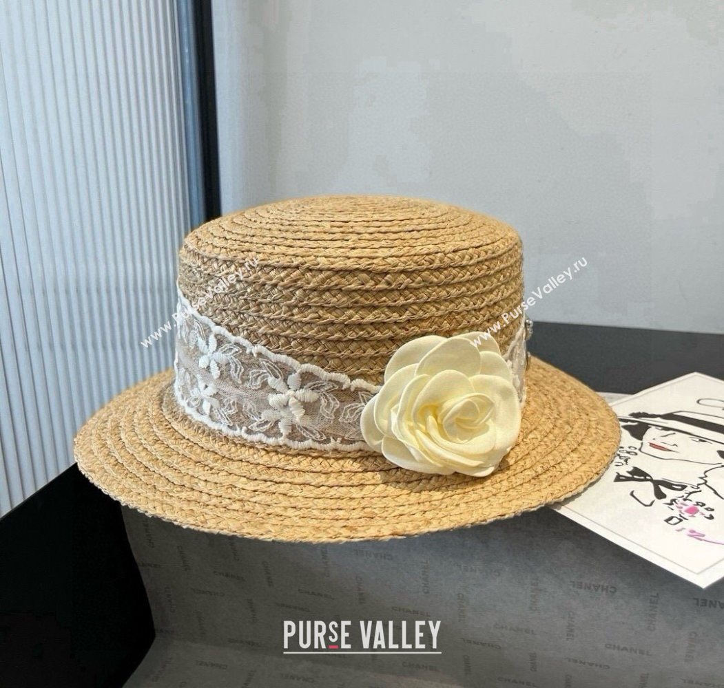 Chanel Straw Wide Brim Hat with White Flower 2025 0724 (SHI-250724074)