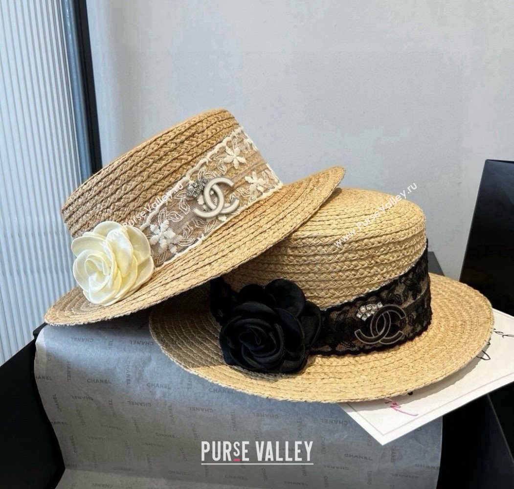 Chanel Straw Wide Brim Hat with White Flower 2025 0724 (SHI-250724074)