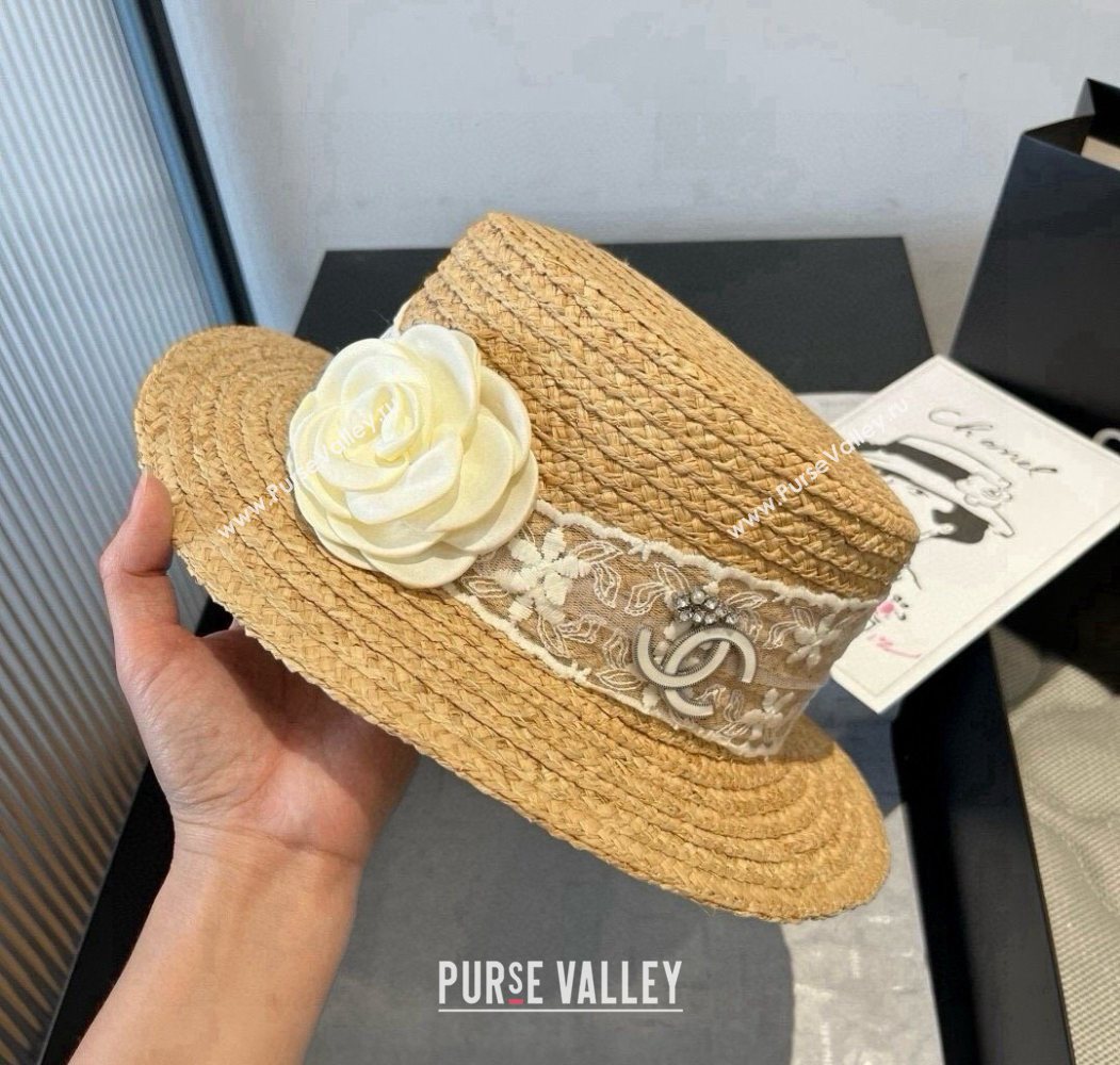 Chanel Straw Wide Brim Hat with White Flower 2025 0724 (SHI-250724074)